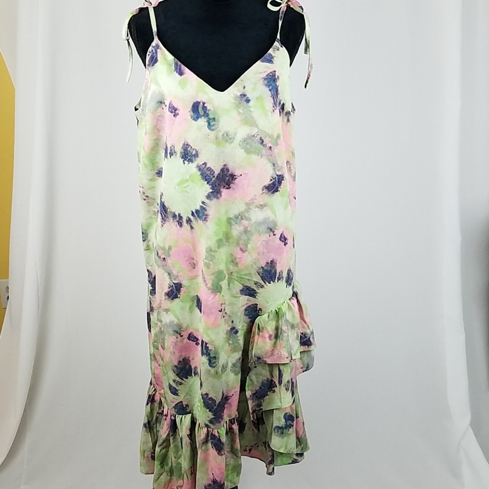 Asos women 12 spaghetti straps rushed dress tie dye‎ asymmetrical cottagecore